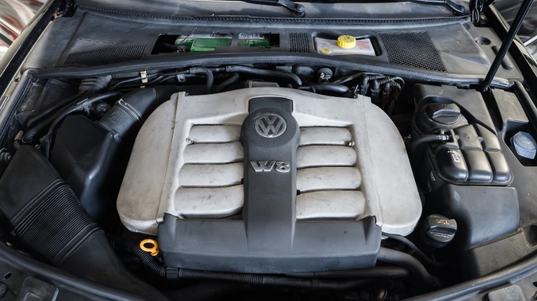 Ein Blick unter die Motorhaube des Passat W8 mit Blick auf den Motor
