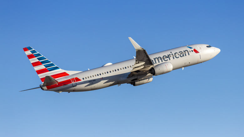 Eine Boeing 737 der American Airlines im Flug vor blauem Himmel