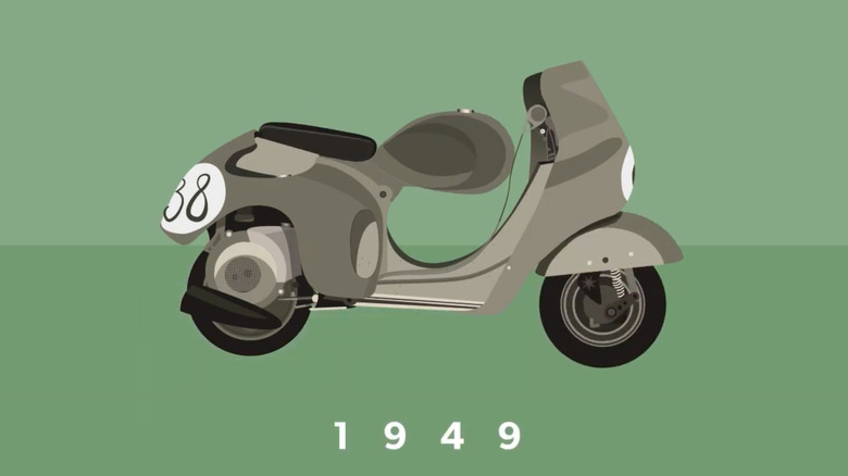 Eine animierte Zeichnung der Vespa Super Sport auf einem grün gestreiften Hintergrund.