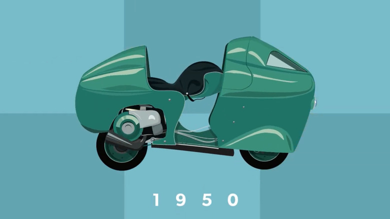 Eine animierte Zeichnung der Super Sport Montlhery-Maschine von Vespa in Grün auf einem karierten blauen Hintergrund.