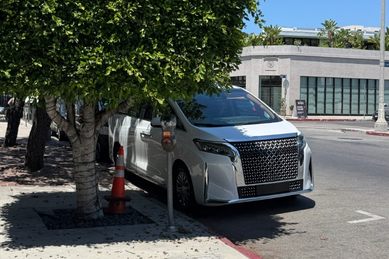 Ein weißer Faraday Future FX Super One versteckt sich hinter einem Baum