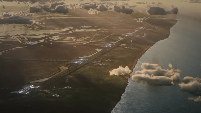 Künstlerische Darstellung einer Luftaufnahme über Starbase, Louisiana, sobald diese vollständig fertiggestellt ist