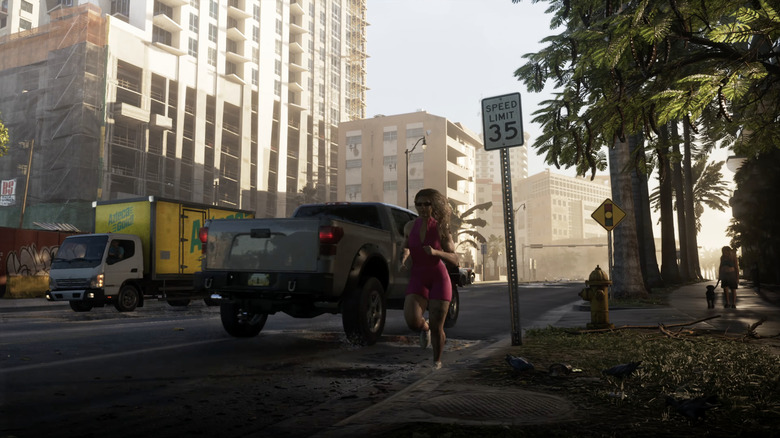 Ein Jogger, der in GTA6 an einem Pickup im Ford F-150-Stil vorbeiläuft.