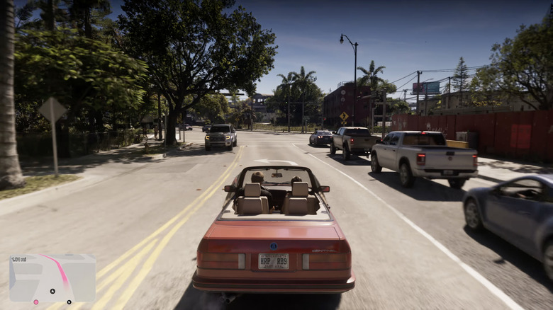 Ein BMW E30 Cabrio-Lookalike in GTA6 beim Fahren im Verkehr.