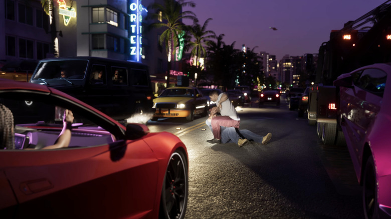Ein nächtlicher Straßenkampf in GTA6 mit einer Menge Autos.