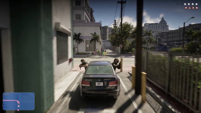 Eine E-Klasse-ähnliche Limousine bei einer Verfolgungsjagd in GTA6.