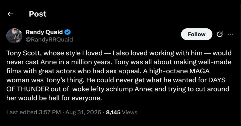 Randy Quaid Anne Hathaway X schimpft auf Twitter über die Fortsetzung von Days of Thunder 2