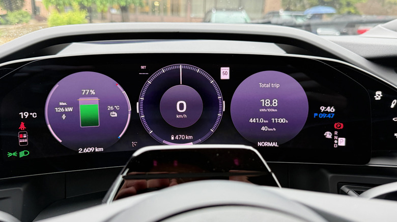 Instrumentendisplay des Porsche Cayenne Electric zeigt 18,8 kWh/100km an.