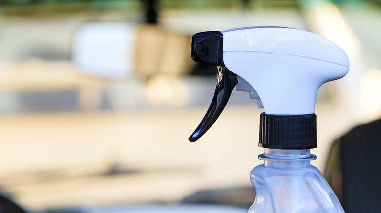 Eine Nahaufnahme einer Sprühflasche in einem Auto.