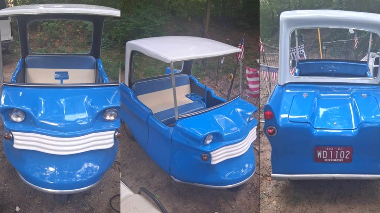 Drei fragwürdig aufgenommene Bilder des Electric Shopper von 1961 in einem helleren Blau auf einer Art unbefestigten Straße in einem Waldgebiet von Michigan