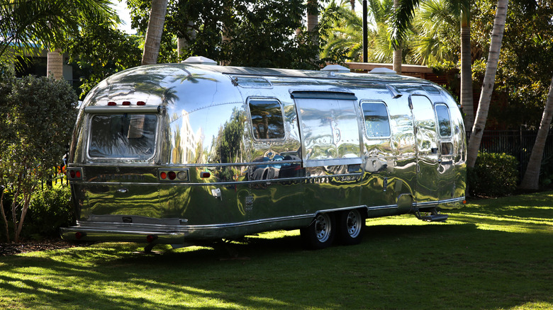 3/4-Hinteransicht eines auf Gras geparkten Airstream-Reiseanhängers mit Palmen dahinter