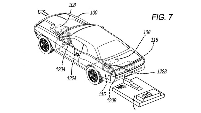 Patentzeichnung eines Dodge Challenger mit einem herausgeworfenen Batteriepaket