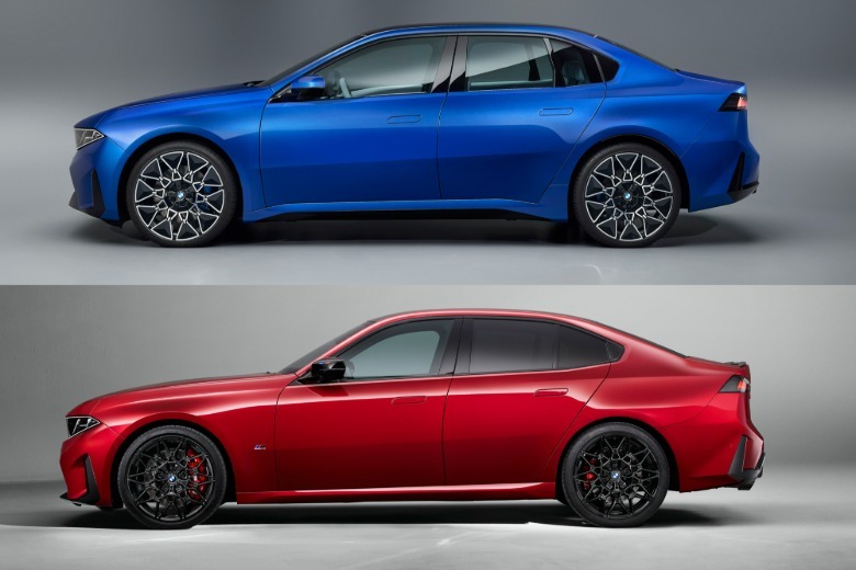 Seitenansicht eines blauen BMW i3 und eines roten BMW M350