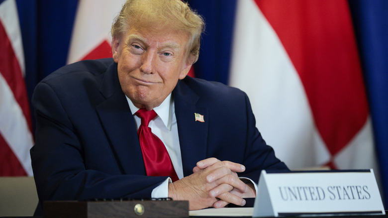 Donald Trump sitzt mit gefalteten Händen an einem Tisch und sieht selbstgefällig aus