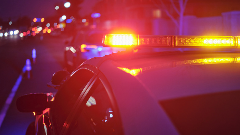 Ein Rotlichtbalken auf dem Dach eines Polizeiautos, das eine Verkehrskontrolle durchführt