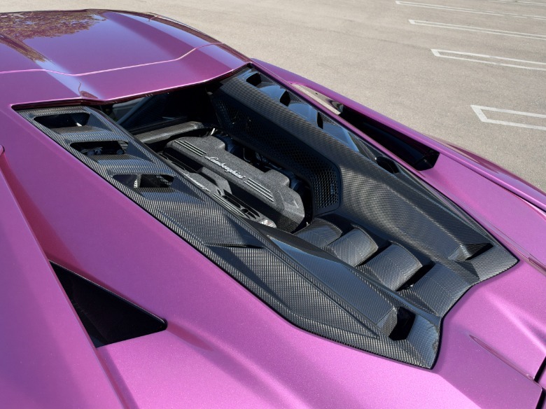 Motorraum eines rosafarbenen Lamborghini Revuelto