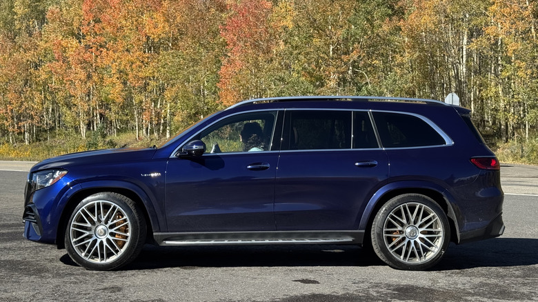 Seitenansicht des dunkelblauen GLS, der auf Asphalt vor gelben, grünen und roten Bäumen geparkt ist